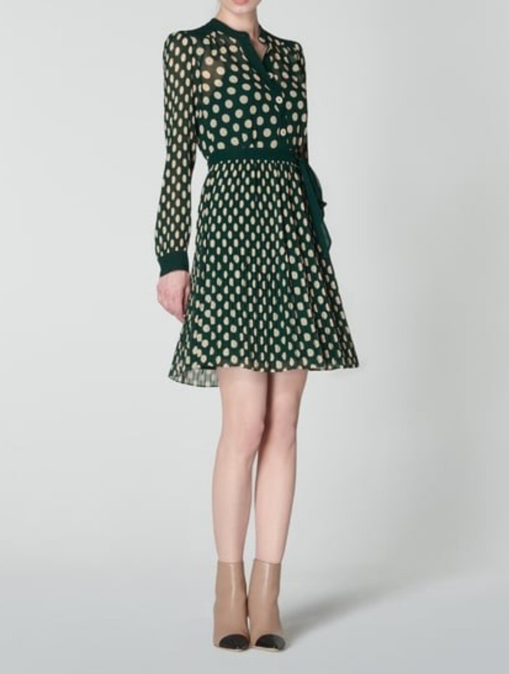 LK Bennett Cora Green And Cream Spotted Pleated Dress - Picture 2 of 16